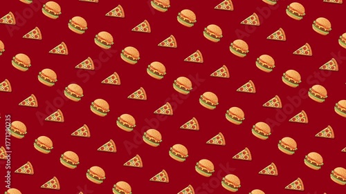 Burgers and pizza slices are scattered on a deep red colored background. Perfect for food blogs, restaurant menus, and social media posts. Delicious burgers and pizza on a vibrant red background.