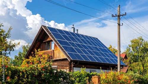 House with solar panels on roof, blue sky with clouds, surrounded by vibrant greenery, power lines, sunny day