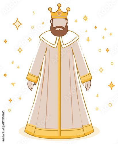 Cartoon king illustration with beard and crown surrounded by shining stars simple vector design for print