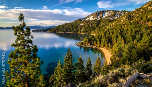 Lake scene with evergreen trees along the shore, mountains, and partly cloudy skies in the background