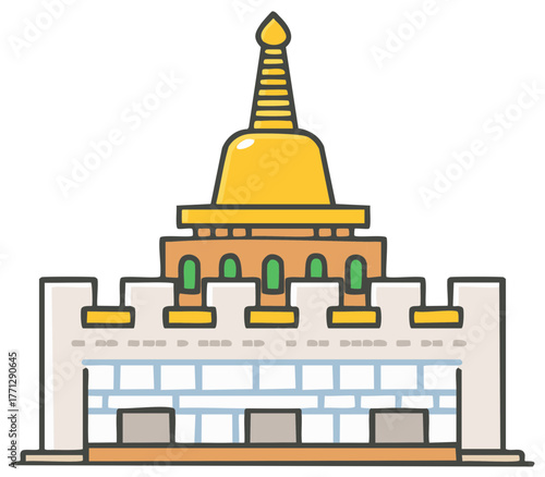 Cartoon Buddhist Stupa Temple Building with Golden Spire Icon Illustration
