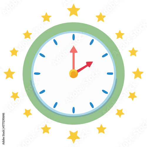 Stylized cartoon clock with green frame and red hands surrounded by golden stars, indicating two o'clock