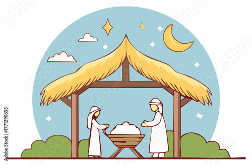 Christmas Nativity scene with parents and newborn baby in manger under starry night