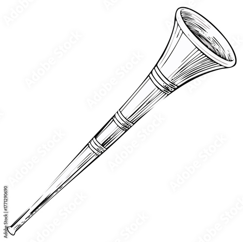 Line art illustration of a long musical instrument, trumpet like, isolated.
