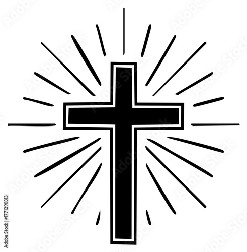 Radiant cross illustration for faith, hope, and religious themes in black and white for Easter or general spiritual messages