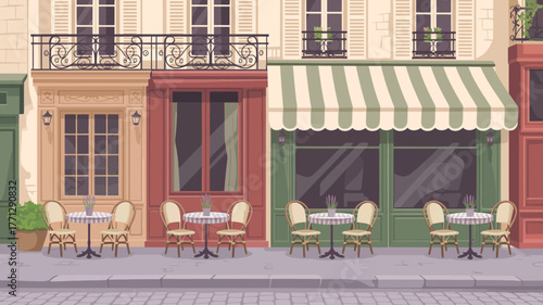 Charming parisian cafe with outdoor seating and striped awning