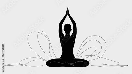 Black silhouette of a person meditating in lotus pose with abstract floral design