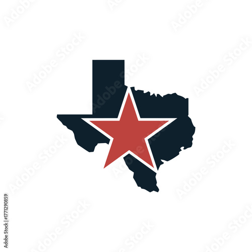 Texas state outline with a red lone star emblem