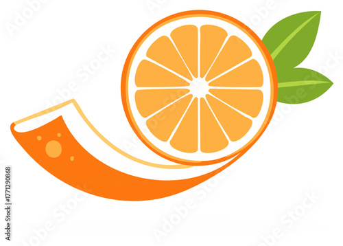 Creative Citrus Illustration of Sliced Orange with Green Leaves