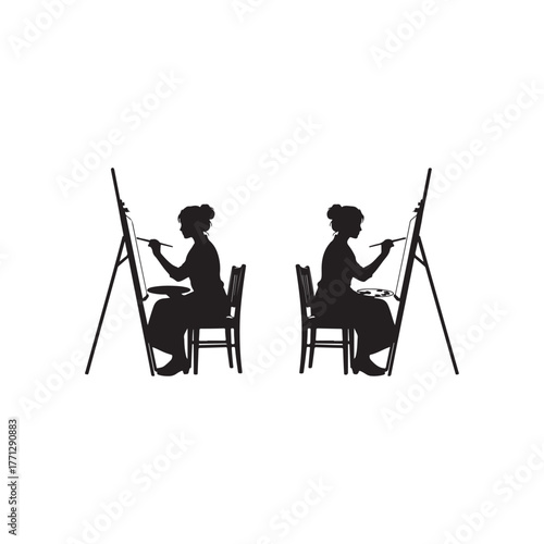 Illustration of silhouette of two female artists painting on canvas, capturing creativity and artistic expression