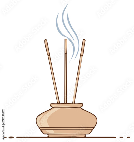 Cartoon illustration of burning incense sticks in a traditional pot for aromatherapy and meditation