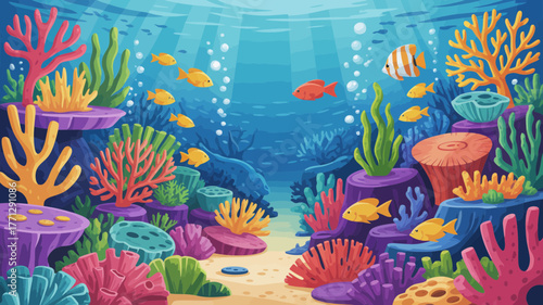 Vibrant underwater scene with colorful coral reefs and fish swimming