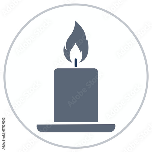 Minimalist burning candle icon with flickering flame in a grey circle design element