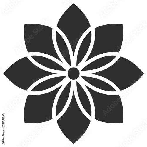 Elegant black mandala flower with a sacred geometry pattern and symmetrical petals