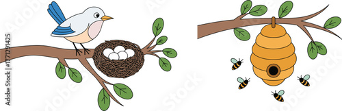 Bird with nest and eggs, bees flying near hive, nature wildlife scene, tree branches, spring forest, ecosystem illustration, animal behavior