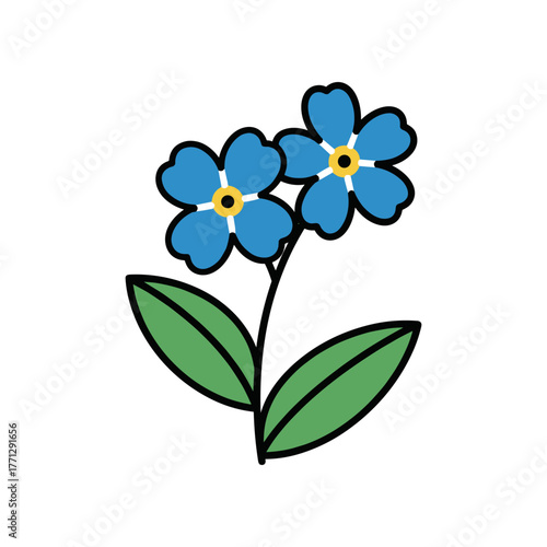 Simple illustration of two forgetmenot flowers with green leaves.