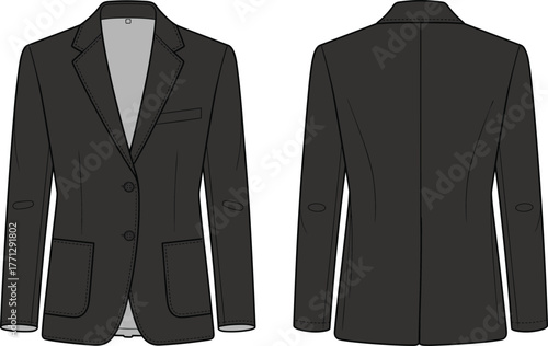 Black blazer fashion illustration, front and back view, notched lapel, patch pockets, elbow patches, tailored jacket, garment design, apparel mockup