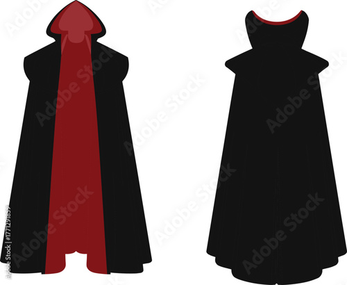 Black cloak with red lining, fantasy costume, gothic hooded robe, medieval cape, character outfit, cosplay garment, dramatic fashion illustration