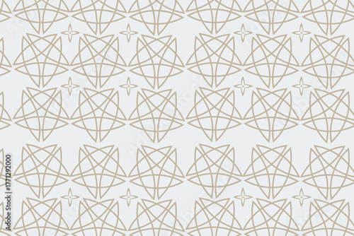 A minimalist Moroccan arabesque seamless pattern featuring fine linear geometry and airy negative space for modern elegant interiors, branding designs.