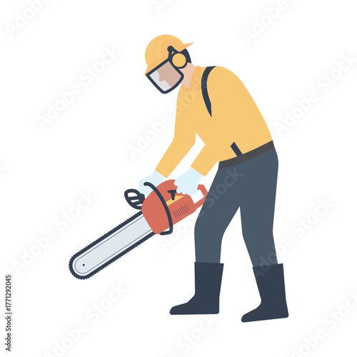 ヘルメットと防護具を付けたチェーンソーを扱う男性作業員