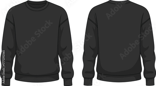 Black sweatshirt, crewneck pullover, blank apparel, fashion mockup, casual wear, front back view, clothing template, unisex design, ribbed cuffs, plain style