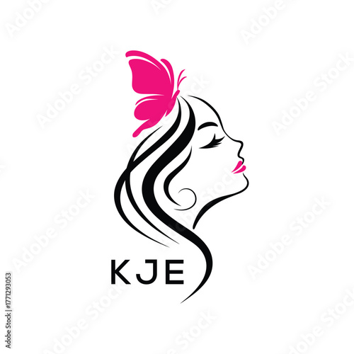 KJE Elegant Beauty Woman Logo. KJE with Butterfly Feminine Salon & Spa Branding. KJE Luxury Beauty Icon Design.
