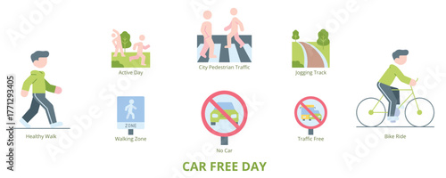 Car Free Day Flat Banner Web Icon Set Vector Illustration