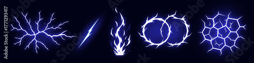 Manga thunder effect forms comic bolt lightning vector crack pattern. Manga thunder bg shows grid and circle energy. Electric strike sprite works for digital vfx, storm blast or anime frame.