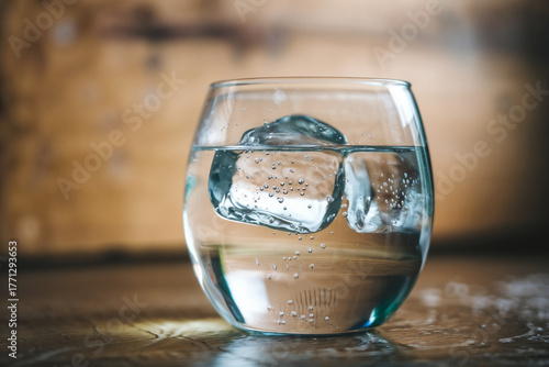 A clear glass tumbler holds fresh water with two large ice cubes, resting on a wooden surface against a blurred, warm-toned background.