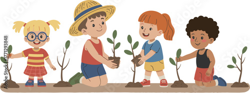 Children, planting, trees, teamwork, environment, nature, saplings, soil, kids, outdoor, green, ecology, education, community, sustainability, garden, growth, reforestation, youth, activity