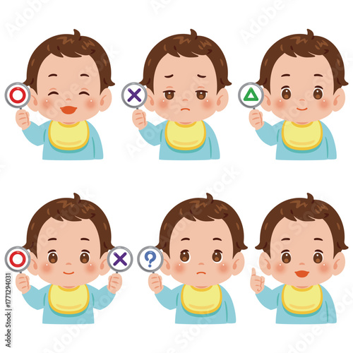 マルとバツなどの札を持った男の子の赤ちゃん　上半身イラスト／Baby Boy Holding Yes and No Signs　upper body illustration