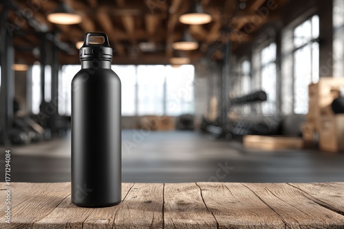 Black water bottle on a wooden table, gym equipment is blurred in the background. Showcase healthy lifestyle and fitness, or promote hydration during exercise.