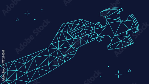Digital illustration of hand holding jigsaw puzzle piece, showcasing geometric design with dark background. image conveys
