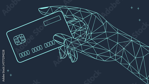 Futuristic hand holding bank card in geometric design, symbolizing digital finance and technology