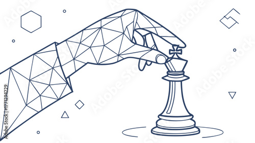 Polygonal hand delicately holds chess piece, symbolizing strategy and intellect in geometric design