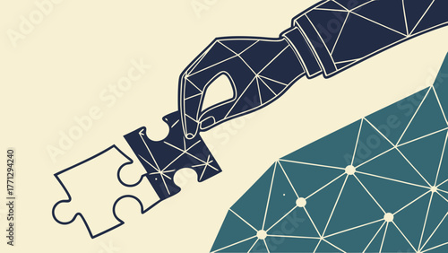 Hand holding puzzle piece, symbolizing connection and problem solving, with geometric design in background