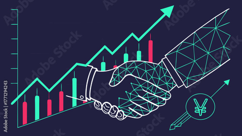 Abstract handshake symbolizing partnership with stock market candles and upward trend, conveying growth and success