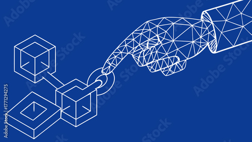 Digital representation of hand interacting with blockchain technology, symbolizing connection and innovation