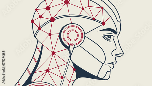 Abstract head of humanoid robot with intricate geometric patterns and connections, showcasing futuristic design and technology