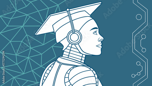 Abstract hologram of AI robot wearing graduation cap, symbolizing education and technology