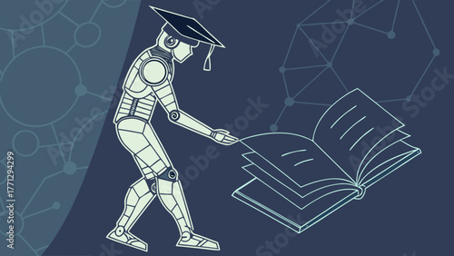Futuristic robot wearing graduation cap studies open book, symbolizing fusion of technology and education