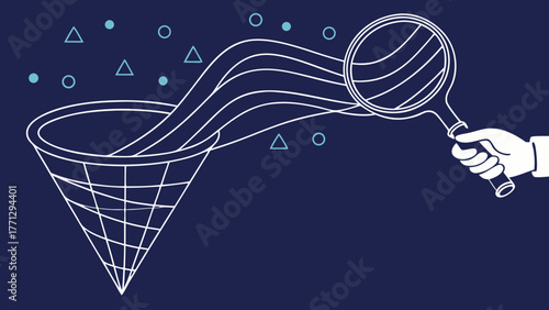 Abstract funnel with data stream and magnifying glass, representing analysis and insight
