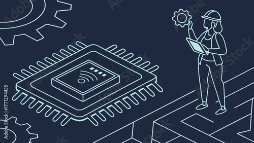 Digital illustration of woman hard hat holding gear and tablet, standing circuit board with microchip, symbolizing technology