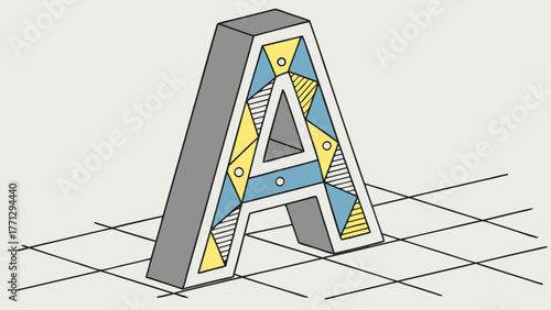 3D letter with geometric patterns in blue, yellow, and gray, showcasing digital technology design