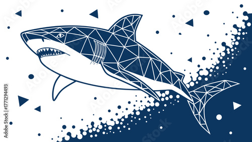 Abstract great white shark technological style, showcasing geometric patterns and dynamic movement, evokes sense of innovation