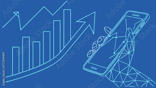 Hand holding mobile phone displaying graph chart with upward trends, symbolizing growth and progress