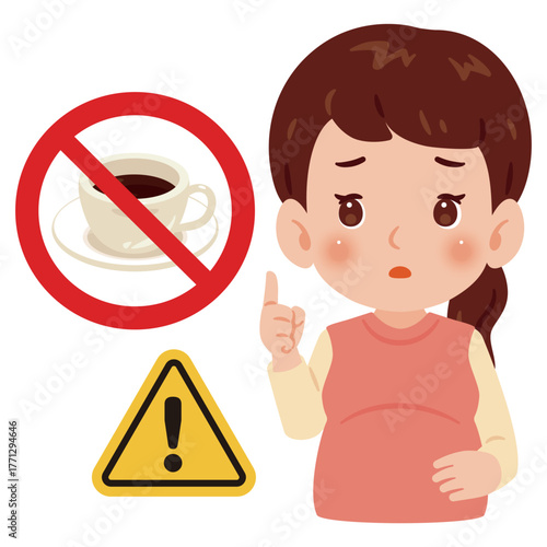 妊婦さんとカフェインの禁止マーク　上半身イラスト／Pregnant Woman with No Caffeine Sign　upper body illustration