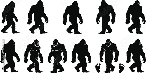 Bigfoot silhouette vector set, black cryptid icons, walking creature poses, mythical forest design, Sasquatch illustration, folklore artwork, footprint theme