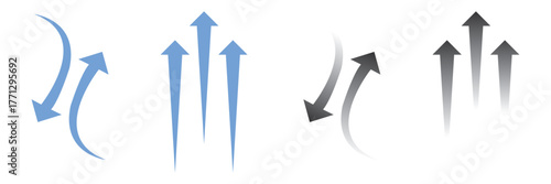 Wind direction site analysis symbols for site planning. Arrow symbols illustrating wind direction and airflow patterns, commonly used in site analysis, planning. Vector illustration.