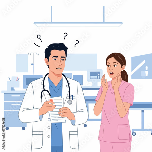A concerned doctor in a white coat reviews medical records while standing next to a worried nurse in pink scrubs in a hospital setting with a puzzled expression.